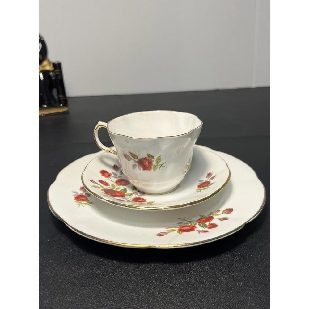 Royal Crest 1950s Bone China Red Rose Cup Saucer Dessert Plate, Japan, REPAIRED
